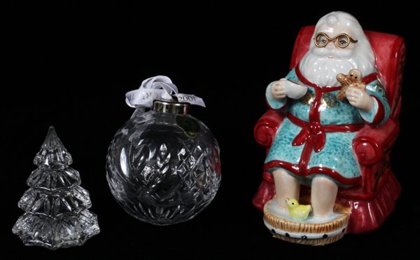 WATERFORD CUT CRYSTAL & PORCELAIN CHRISTMAS, 5: WATERFORD CUT CRYSTAL & PORCELAIN CHRISTMAS GROUPING, H 3"-5":Includes: crystal Christmas tree, crystal Christmas bulb and porcelain Santa