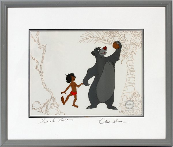 '92 F. THOMAS & O. JOHNSTON DISNEY ANIMATION CEL: FRANK THOMAS & OLLIE JOHNSTON, DISNEY ANIMATION CEL, 1992, H 10", W 13", "THE JUNGLE BOOK":Edition size 2500. Ink signed, "Ollie Johnson", lower right and "Frank Thomas", lower left. Certificate of au