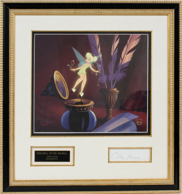 OLLIE JOHNSTON PETER PAN ANIMATION CEL 1953: OLLIE JOHNSTON, PETER PAN ANIMATION CEL, 1953, H 10", W 13", "MISS BELL AT THE INK WELL":Edition #1/4. Drawing #103. Sequence 11, scene 45. engraved plate lower left inscribed: "Miss Bell At The Inkwe