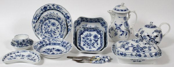 MEISSEN BLUE ONION PORCELAIN PARTIAL DINNER SET: MEISSEN BLUE ONION, PORCELAIN PARTIAL DINNER SERVICE, 93 PCS.: includes; 12 dinner plates, 9 1/2" Dia., two having crossed sword marks and eight with block letter "Meissen" marks; nine bread and butte