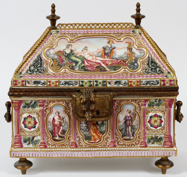 CAPODIMONTE PORCELAIN JEWELRY CASK 19TH C: CAPODIMONTE PORCELAIN JEWELRY CASK, 19TH C, H 14", W 14", D 8": having a classical design with hip design hinged lid, painted panels depicting female figures, fired gold trim; brass hinge, handles and