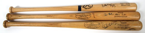 TIGERS BASEBALL BATS WILLIE HORTON & NORM CASH: DETROIT TIGERS, AUTOGRAPHED BASEBALL BATS, WILLIE HORTON AND NORM CASH, 3 PCS.: includes two Willie Horton autographed bats, a Hillerich & Bradsby Louisville Slugger and a Rawlings 'Big Stick'; one si