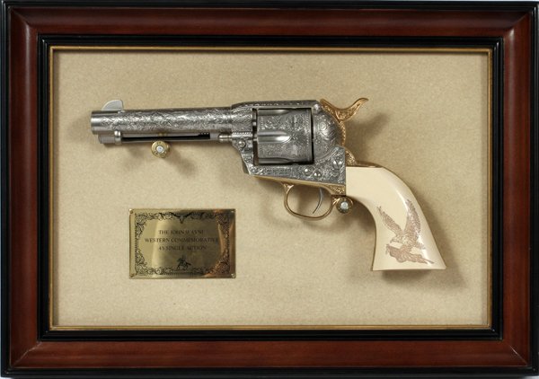 FRANKLIN MINT 45 REPLICA REVOLVER #151284: FRANKLIN MINT, 45 SINGLE ACTION REPLICA REVOLVER, #151284, "JOHN WAYNE WESTERN COMMEMORATIVE": John Wayne, Franklin Mint Commemorative, 1871 Colt .45 Revolver, 4.75" barrel length. Fully engraved and