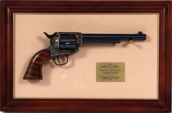 FRANKLIN MINT DOC HOLLIDAY REVOLVER #11301: FRANKLIN MINT, DOC HOLLIDAY COMMEMORATIVE, 45 CAL. REVOLVER, #11301, L 7.5" BBL.: Franklin Mint Doc Holliday Commemorative .45 cal. NON-FIRING Revolver, made by Uberti. Having a 7 1/2" blued barrel, c