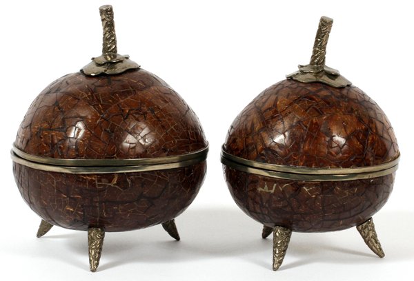 MAITLAND SMITH LEATHER AND BRASS COVERED DISHES: MAITLAND SMITH LEATHER AND BRASS COVERED DISHES TWO H 8" DIA 5 3/4":having a spherical shape with metal stem and band at the edges, tripod legs.