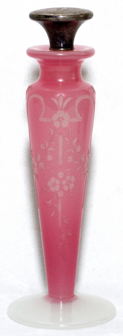 STEUBEN ROSALINE ALABASTER PERFUME STERLING TOP: STEUBEN ROSALINE & ALABASTER GLASS PERFUME BOTTLE WITH HAWKES STERLING STOPPER, H 7 1/4":Rose cased over alabaster with etched floral motif. Sterling stopper is monogrammed and stamped "Hawkes". Early