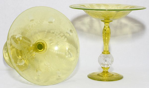 PAIRPOINT ENGRAVED VASELINE GLASS COMPOTES C20TH: PAIRPOINT ENGRAVED VASELINE GLASS COMPOTES, EARLY 20TH C., PAIR, H 7 1/4", DIA 7 1/2":Each has a shallow bowl with engraved floral motif about, raised on an inverted baluster standard, clear spherical