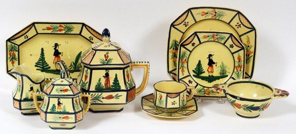 QUIMPER FRENCH FAIENCE LUNCHEON SET 49 PIECES: QUIMPER, FRENCH FAIENCE LUNCHEON SET, 49 PIECES (SERVICE FOR EIGHT), KENILWORTH STUDIOS: Including 8 plates, W.8 1/2", 8 plates, W.6 3/4", 8 bowls-4 1/2", 8 cups and 8 saucers, as well as 1 teapot, 1
