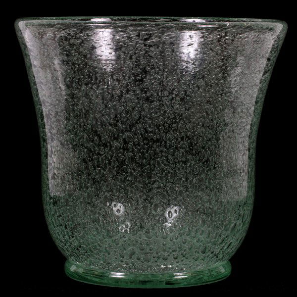 DAUM NANCY GLASS VASE: DAUM NANCY GLASS VASE, H 8 1/2", DIA 9":Light green glass with suffused bubbles, signed "Daum Nancy France" with Croix de Lorraine at the rim of the base (see additional photo).