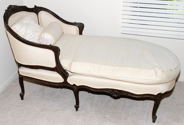 LOUIS XV STYLE CHAISE: LOUIS XV STYLE CHAISE, L 64":Painted frame over walnut, ivory down filled upholstery. Measures L.64", W.27 1/4".