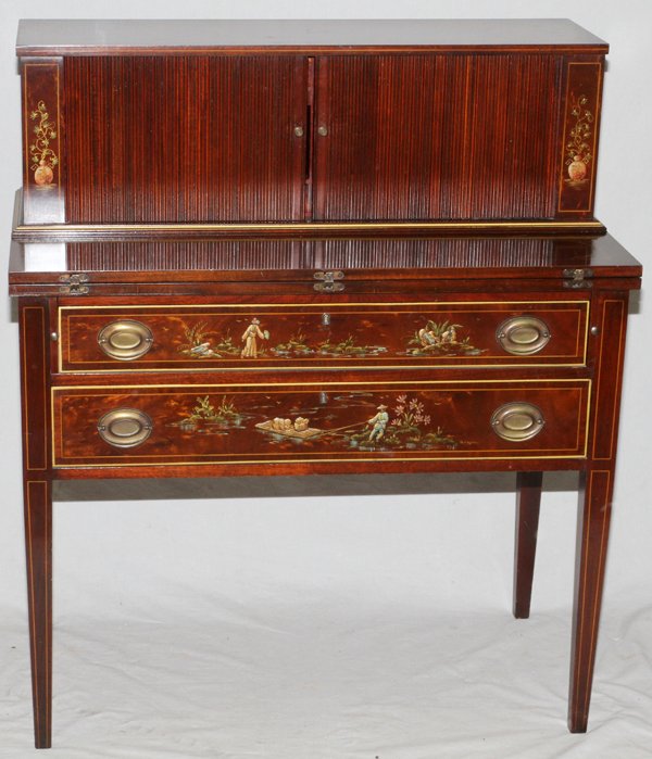 HEPPLEWHITE STYLE MAHOGANY TAMBOUR DESK: HEPPLEWHITE STYLE, HAND DECORATED MAHOGANY, TAMBOUR DESK, H 42", L 36", D 19":Featuring six drawers and six pigeon compartments, a fold-out writing surface all above two full length drawers. The hand 