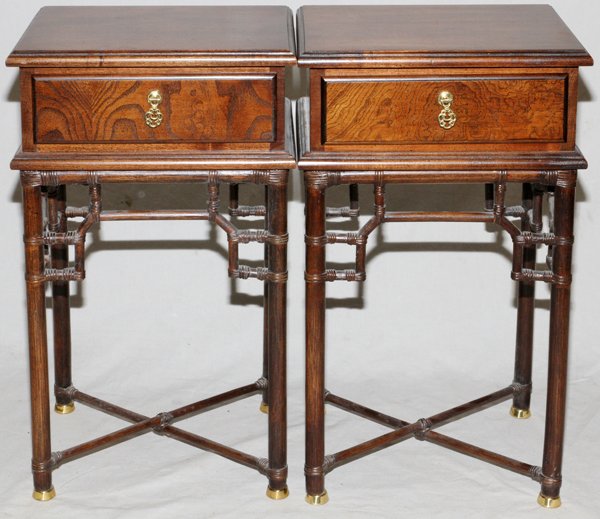 BRANDT CHINESE STYLE END TABLES PAIR: BRANDT, CHINESE STYLE END TABLES, PAIR, H 24", W 14":Each having a faux rattan accents, a single drawer with brass pulls and feet. Measures H.24" x 14" x 11"