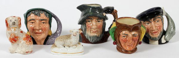 ROYAL DOULTON MUGS 4 & STAFFORDSHIRE FIGURES 2: ROYAL DOULTON MUGS (4), H 4", & STAFFORDSHIRE FIGURES (2):Royal Doulton mugs includes "Rip Van Winkle" (chip), "Jester" with A mark, "Fortune Teller" (chip), and "Captain Ahab"; together with 1 Staffo