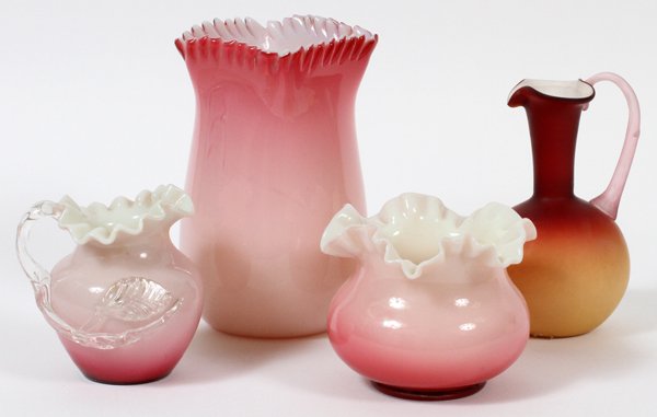 PEACHBLOW GLASS WARE LATE 19TH-EARLY 20TH C.: PEACHBLOW GLASS WARE, LATE 19TH-EARLY 20TH C., FOUR PIECES, H 3 3/4"-6 3/4":Cased glass includes 1 creamer with ruffled rim and applied branch-form handle, H.4", 1 vase with squared mouth, H.6 3/4", a