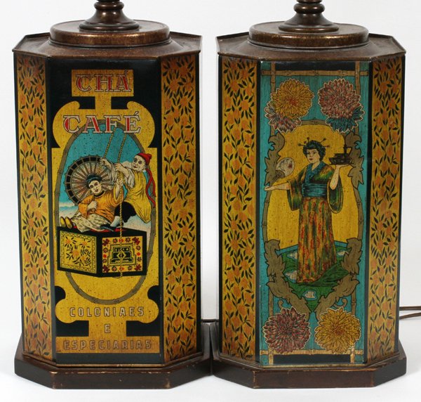 TOLE CANISTER LAMPS, PAIR: TOLE CANISTER LAMPS, PAIR, H 25":Height of cannisters 16", overall H 32". "Cha Café", "Coloniaes e Especiarias".