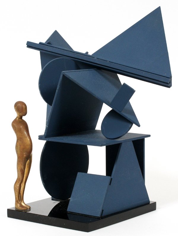 ERNEST TROVA COLD-ROLLED STEEL SCULPTURE PAINTED: ERNEST TROVA (US 1927-2009), COLD-ROLLED STEEL SCULPTURE PAINTED IN BLUE FLATTENED EPOXY, 6" BRONZE:D 8"; "Abstract Variation #31", 1986, monogram stamp mark, dated and edition #9/99 on underside of b