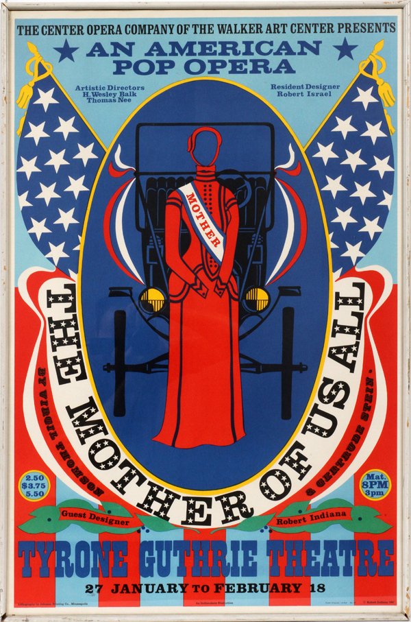 ROBERT INDIANA POSTER VIS: ROBERT INDIANA, POSTER, H 37" L 24" VIS, "THE MOTHER US ALL:ROBERT INDIANA (American b. 1928). "THE MOTHER US ALL AN AMERICAN POP OPERA". Hudson's label and tag on verso. Framed.