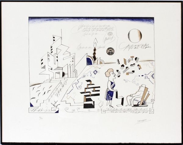 SAUL STEINBERG COLOR LITHOGRAPH 1970 IMAGE: SAUL STEINBERG, COLOR LITHOGRAPH, 1970, H 16" W 21" IMAGE, "BAUHAUS":SAUL STEINBERG [American, 1914-1999]. Edition #74/75. Pencil signed lower right. The Merryman Collection label on verso. Framed.
