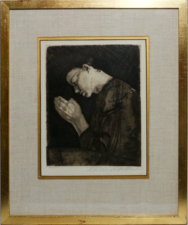 KATHE KOLLWITZ ETCHING: KATHE KOLLWITZ, ETCHING H 7.1" W 5.5" BETENDES MADCHEN:Pencil signed,