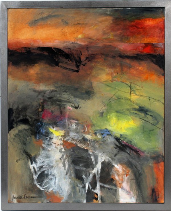 HAROLD E. LARSEN AMERICAN B. 1935 ACRYLIC & OIL: HAROLD E. LARSEN (AMERICAN B. 1935), ACRYLIC & OIL ON CANVAS, 43" X 33", "HEAVEN WHISPERS":Steel frame, signed lower left.