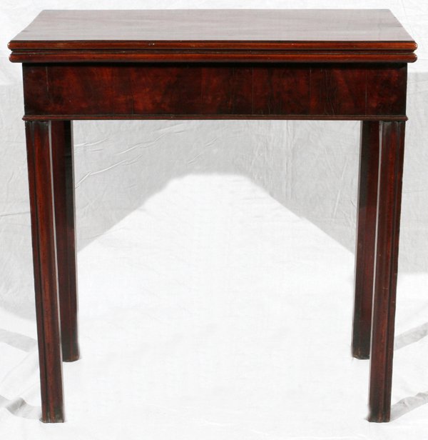 GEORGIAN ENGLISH MAHOGANY TEA TABLE C. 1760: GEORGIAN ENGLISH MAHOGANY TEA TABLE, C. 1760, H 28", W 27", L 14":FLIP TOP, GATE LEG.
