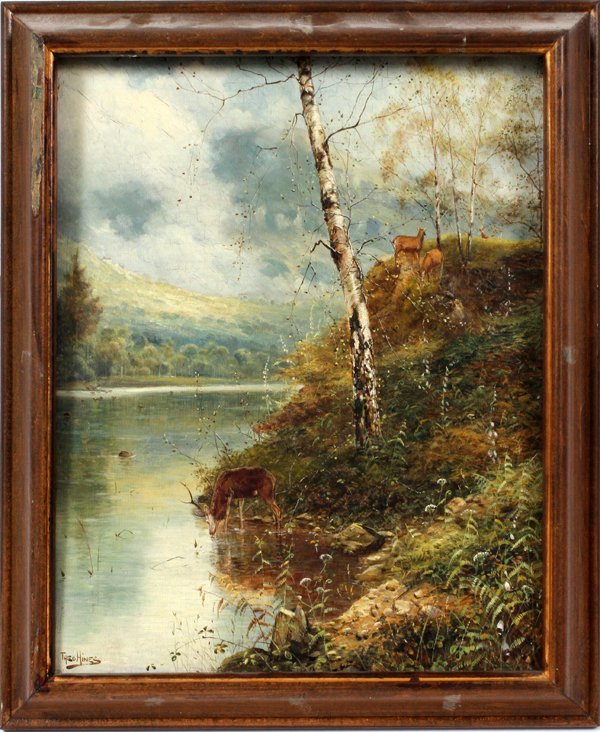 THEODORE HINES SIGNED OIL, THE HALT OF THE DEER: THEODORE HINES (FL. 1876-1889) , OIL ON CANVAS, SIGNED, "16 X 13", " THE HALT OF THE DEER":