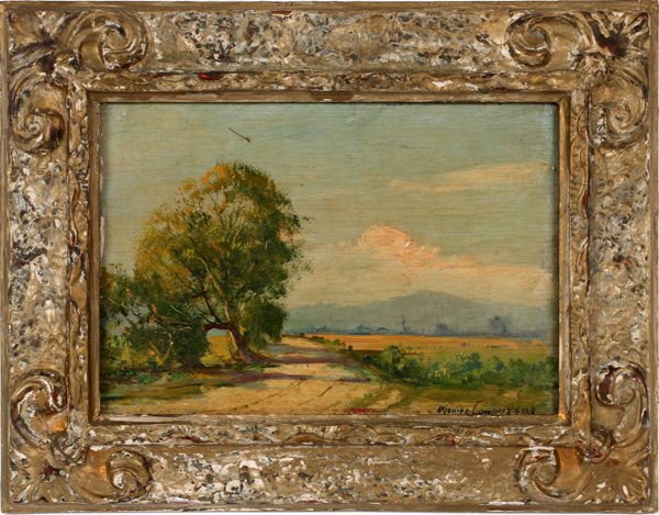 RICARDO GOMEZ CAMPUZANO COLOMBIAN LANDSCAPE OIL: RICARDO GOMEZ CAMPUZANO (COLOMBIAN 1893-1981), OIL ON PANEL, H 6", L 8 5/8", COLOMBIAN LANDSCAPE:A summer landscape with mountains in the background. Signed lower right and framed.