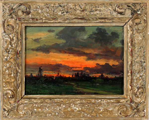 RICARDO GOMEZ CAMPUZANO OIL, LANDSCAPE AT SUNSET: RICARDO GOMEZ CAMPUZANO OIL ON PANEL H 6" L 8 1/2" LANDSCAPE AT SUNSET:RICARDO GOMEZ CAMPUZANO (COLOMBIAN 1893-1981). Signed lower right and framed.