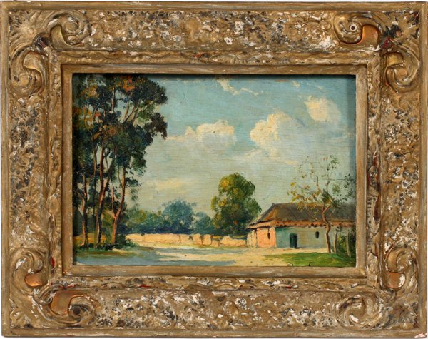RICARDO GOMEZ CAMPUZANO OIL, SUMMER LANDSCAPE: RICARDO GOMEZ CAMPUZANO OIL ON PANEL H 6" L 8 5/8" COLOMBIAN SUMMER LANDSCAPE:RICARDO GOMEZ CAMPUZANO (COLOMBIAN 1893-1981). A summer landscape with a building on the right which is inside a walled co