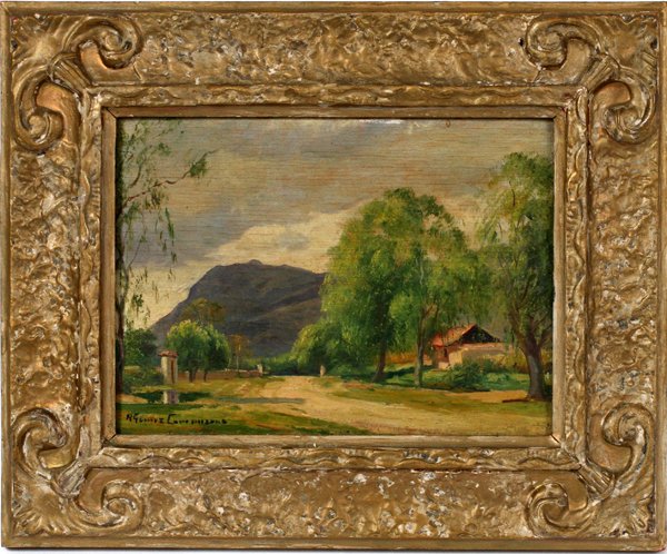 RICARDO GOMEZ CAMPUZANO OIL, SUMMER LANDSCAPE: RICARDO GOMEZ CAMPUZANO, OIL ON PANEL, H 6" L 8 3/8" COLOMBIAN SUMMER LANDSCAPE:RICARDO GOMEZ CAMPUZANO (COLOMBIAN 1893-1981). A landscape with a mountain in the background a tree lined road with a ho