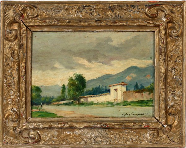 RICARDO GOMEZ CAMPUZANO OIL, SUMMER LANDSCAPE: RICARDO GOMEZ CAMPUZANO OIL ON PANEL H 6" L 8 5/8" COLOMBIAN SUMMER LANDSCAPE:RICARDO GOMEZ CAMPUZANO (COLOMBIAN 1893-1981). A landscape depicting mountains in the background, the walls of an estate a