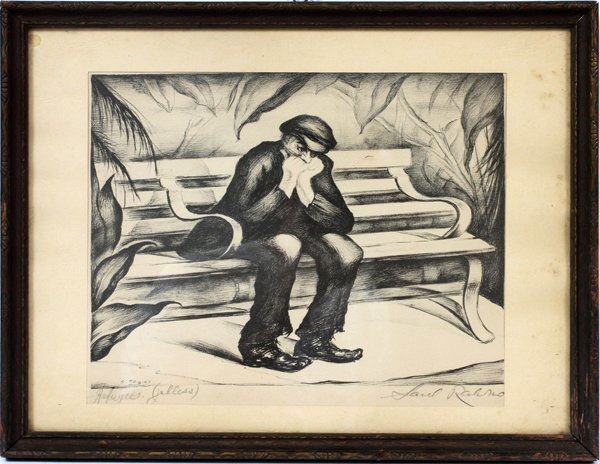 SAUL RABINO LITHOGRAPH REFUGEE JOBLESS: SAUL RABINO, LITHOGRAPH, "REFUGEE (JOBLESS)" , 9 1/2" X 12":Depicts a man sitting on a park bench with his head in his hands; pencil signed and titled; framed.
