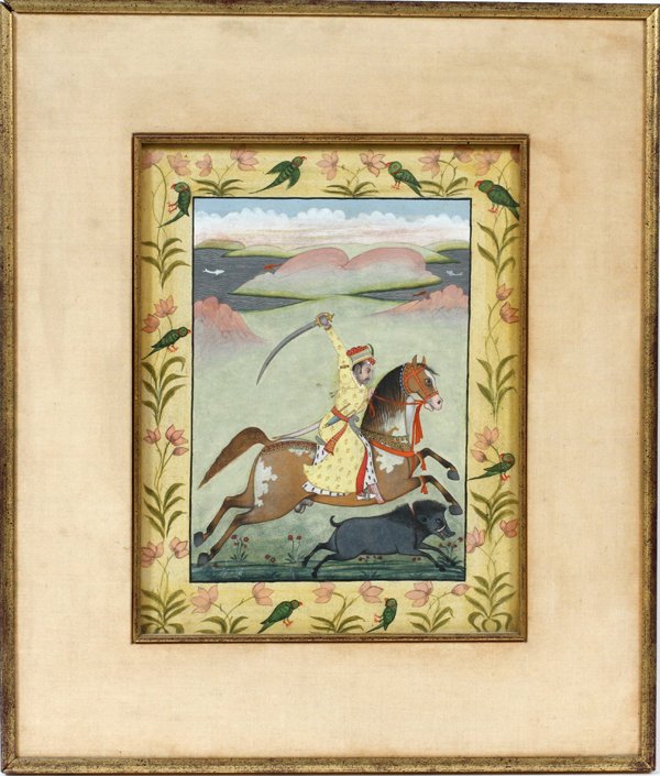 INDIAN PRINT, MUGHAL W/SWORD ON HORSEBACK: INDIAN PRINT, H 6", W 8", MUGHAL WITH SWORD ON HORSEBACK:Hand colored. Hudson's label (#4031) on verso and dated 1973. Framed under glass. Image 13" x 10".