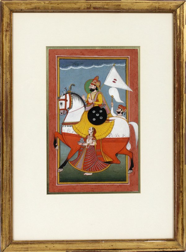 INDIAN GOUACHE, MUGHAL ON HORSE W/ATTENDENTS: INDIAN GOUACHE H 13" W 8" MUGHAL ON HORSE WITH ATTENDANTS:Unique work, framed under glass.
