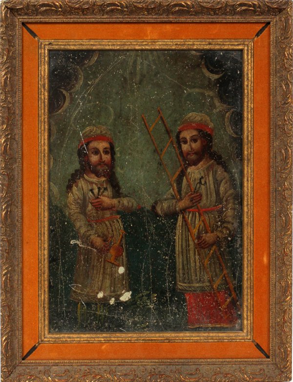LATIN AMERICAN OIL ON TIN, SAN JOSE DE ARAMETES: * LATIN AMERICAN, OIL PAINTING ON TIN, H 12", W 9", SAN JOSE DE ARAMETES":depicts two male figures (possibly clergyman), one holding a ladder. Label on verso inscribed: "San Jose De Arametes", Mexican