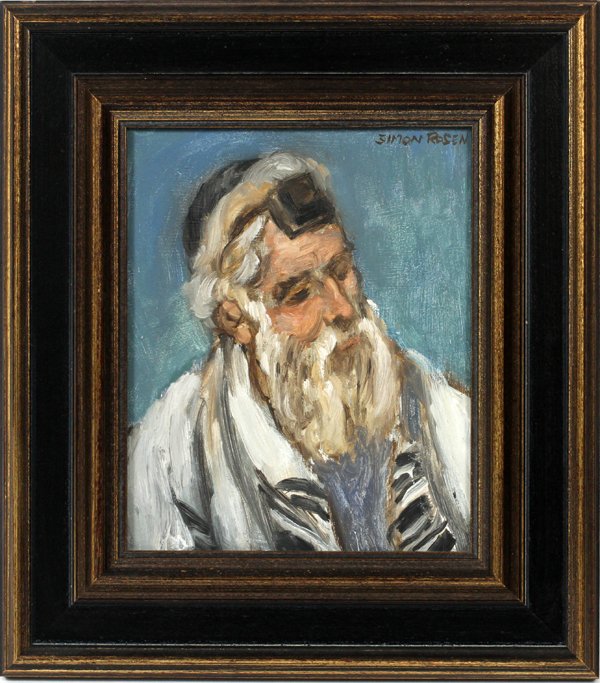 SIMON ROSEN OIL ON BOARD, RABBI: SIMON ROSEN OIL ON BOARD 7" X 6" RABBI:Depicting a contemplative rabbi. Signed upper right. Framed.