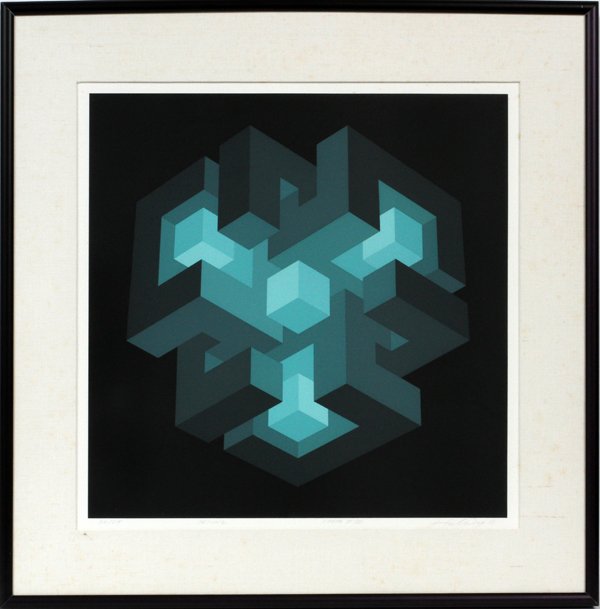 BRIAN HALSEY SILKSCREEN TRIUNE STATE II/II: BRIAN HALSEY, SILKSCREEN, "TRIUNE", STATE II/II, H 17" W 17":Pencil signed; framed. #56/75.