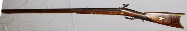 KENTUCKY STYLE PERCUSSION CAP SPORT RIFLE .32CAL: KENTUCKY STYLE, PERCUSSION CAP, SPORTING RIFLE, .32 CAL, C1850, L 36" BBL: Approximately .32 Cal., 36'' octagonal barrel, half stock percussion cap, double set trigger, beautiful brass wolf's head pat