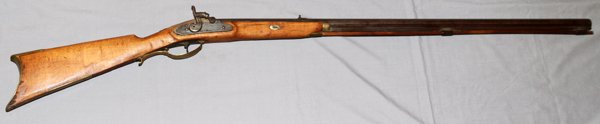 ENGLISH .50 CAL. HUNTING RIFLE: ENGLISH, .50 CAL., HUNTING RIFLE L 35" BBL:Approximately .50 Cal., 35 1/8'' octagonal barrel, percussion cap, drum style bolster, brass hardware, light type of beech wood stock, engraved lock plate ma