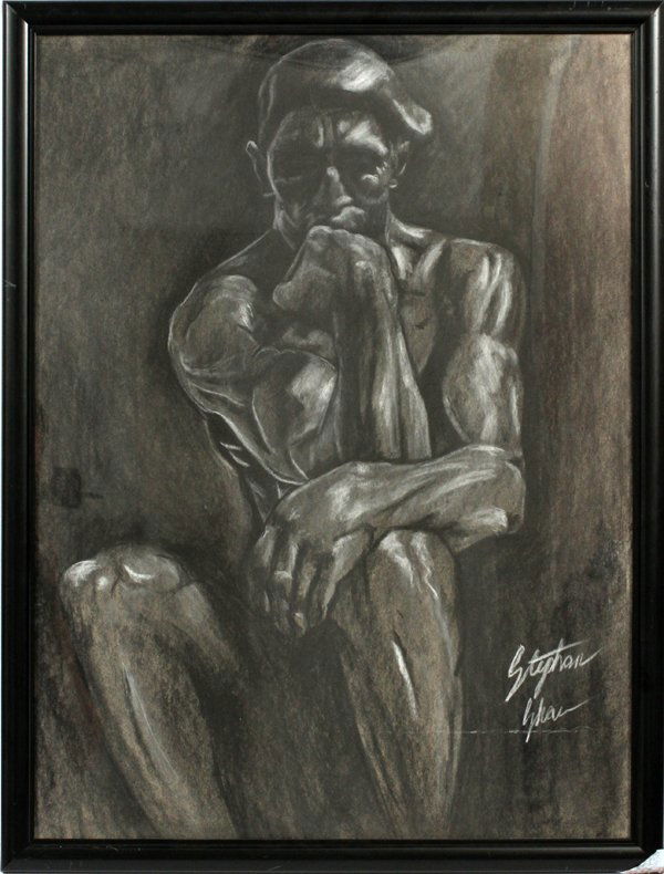 STEPHAN SHAW PASTEL/CRAYON ON PAPER, SEATED MALE: STEPHAN SHAW, PASTEL AND CRAYON ON PAPER, H 24" L 18", SEATED MALE:Depicting a muscular male in the "Thinker" position. Signed lower left, framed under lucite.