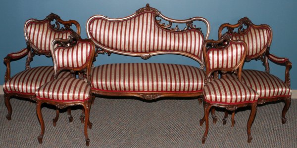 VICTORIAN LOUIS XV MAHOGANY 5 PC PARLOR SET 19TH: VICTORIAN, LOUIS XV, MAHOGANY PARLOR SET, 19TH C., 5 PCS., H 51' SETTEE,: includes a hand carved mahogany settee with an asymmetrical acanthus leaf carved back frame striped upholstery, contoured legs
