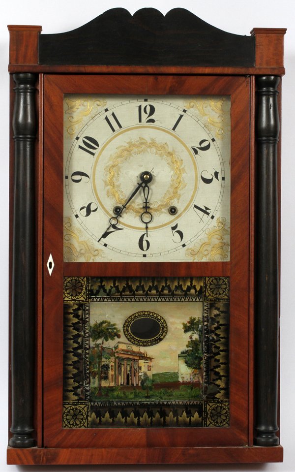 ELI TERRY MANTLE CLOCK MAHOGANY: ELI TERRY MANTLE CLOCK MAHOGANY H 28" W 18" D 4":SCHOOL CLOCK FROM PLYMOUTH, CT. Eglomise glass lower panel with pendulum view. Side half columns. Two cast iron weights. DuMouchelles does not guarante