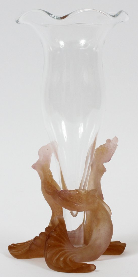 DAUM CRYSTAL FREE FORM VASE: DAUM CRYSTAL FREE FORM VASE, H 11'':Sea Urchins, Clear Vase with taupe/mauve base. Signed.