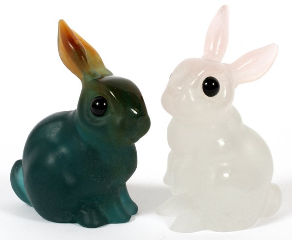 DAUM CRYSTAL RABBIT GROUPING TWO: DAUM CRYSTAL RABBIT GROUPING, TWO, H 4 1/2'' - 5'':two rabbits, one frosted white and one teal with brown ears. Signed