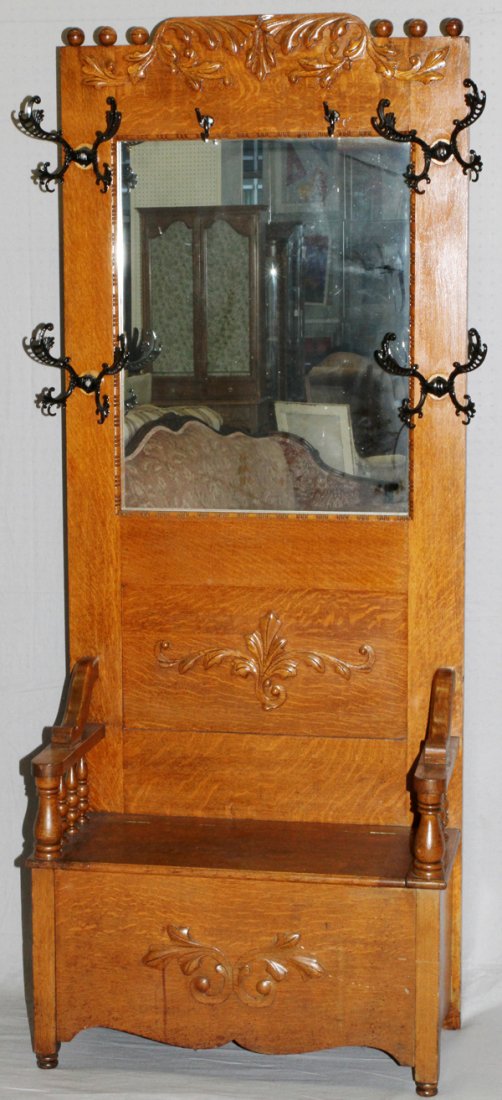 ANTIQUE OAK HALL TREE W/ MIRROR 19OO C