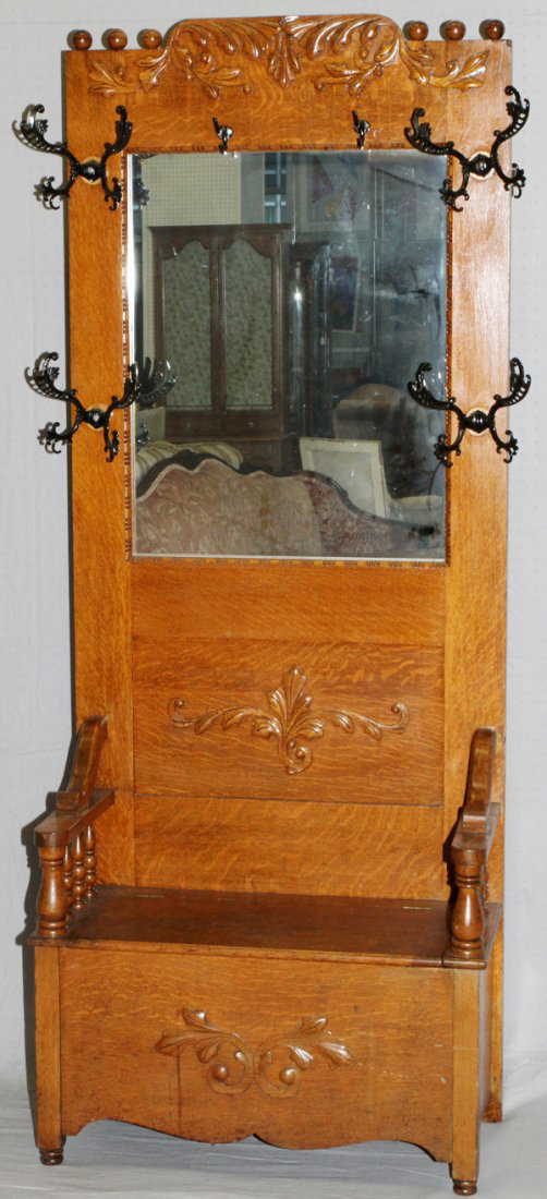 ANTIQUE OAK HALL TREE W/ MIRROR 19OO C