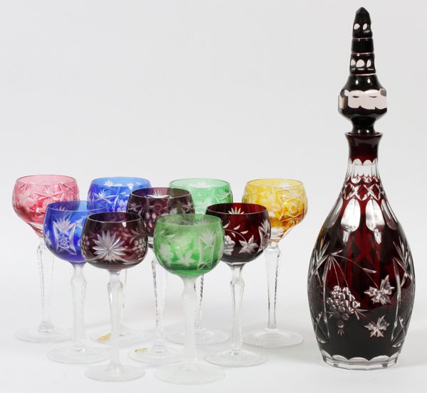 BAVARIAN RHINE WINE GOBLETS AND DECANTER 10 PCS.: BAVARIAN, RHINE WINE, GOBLETS AND DECANTER, 10 PCS.:includes nine multi-colored wine goblets and one decanter.
