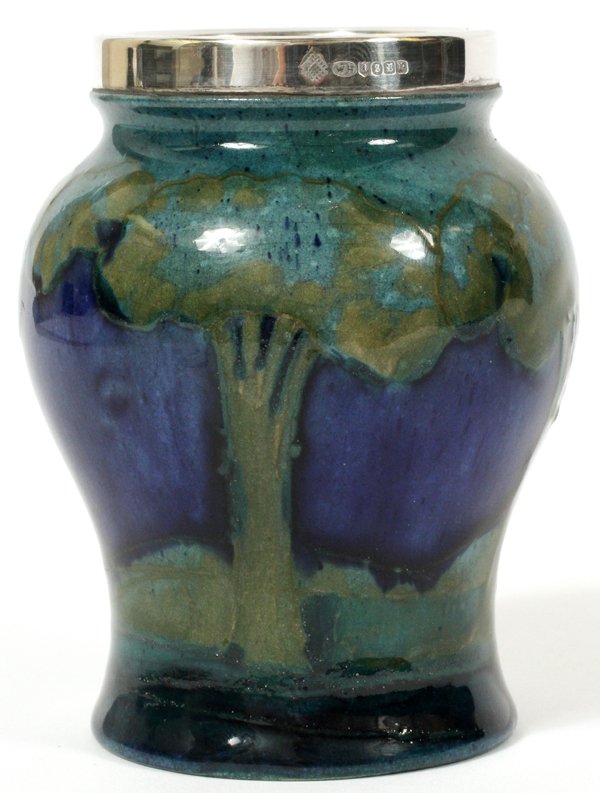 MOORCROFT 'MOONLIT BLUE' POTTERY CABINET VASE: MOORCROFT 'MOONLIT BLUE' POTTERY CABINET VASE WITH SILVERPLATE RIM, C. 1925, H 3 1/2":Inverted baluster-form with landscape motif in shades of blue, having a silverplate rim made by William Hutton & S