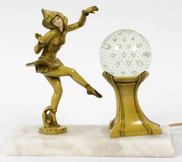ART DECO FIGURAL LAMP C. 1930: ART DECO FIGURAL LAMP, C. 1930, H 9", L 10":Depicting a female jester dancing on a marble base, with a glass sphere over a light. Circa 1930.