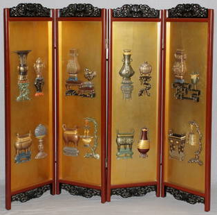 CHINESE LACQUER FOUR-PANEL SCREEN: CHINESE LACQUER FOUR-PANEL SCREEN, H 65", W 40":One side of the screen has a raised urn motif in full relief on a gold background, while the other side is black lacquer with finely hand painted Orient